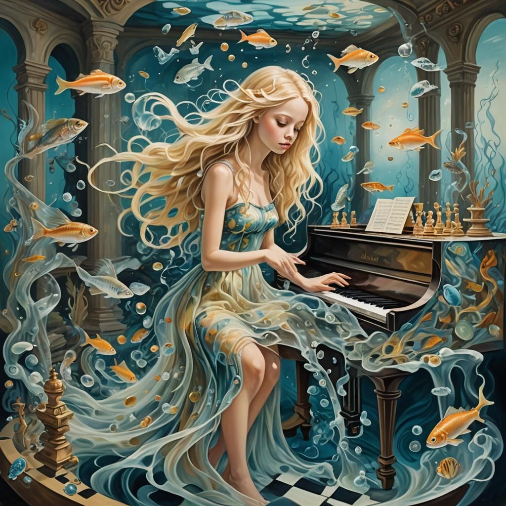 Surrealist Fairy Plays Piano in Dreamlike Aquarium