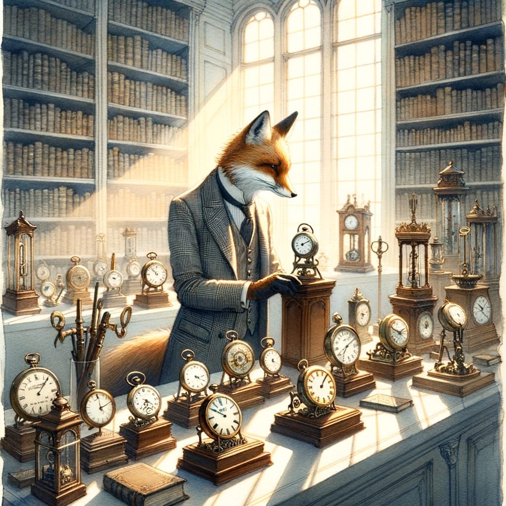 Fox in Bespoke Suit Examines Antique Clocks as Watercolor