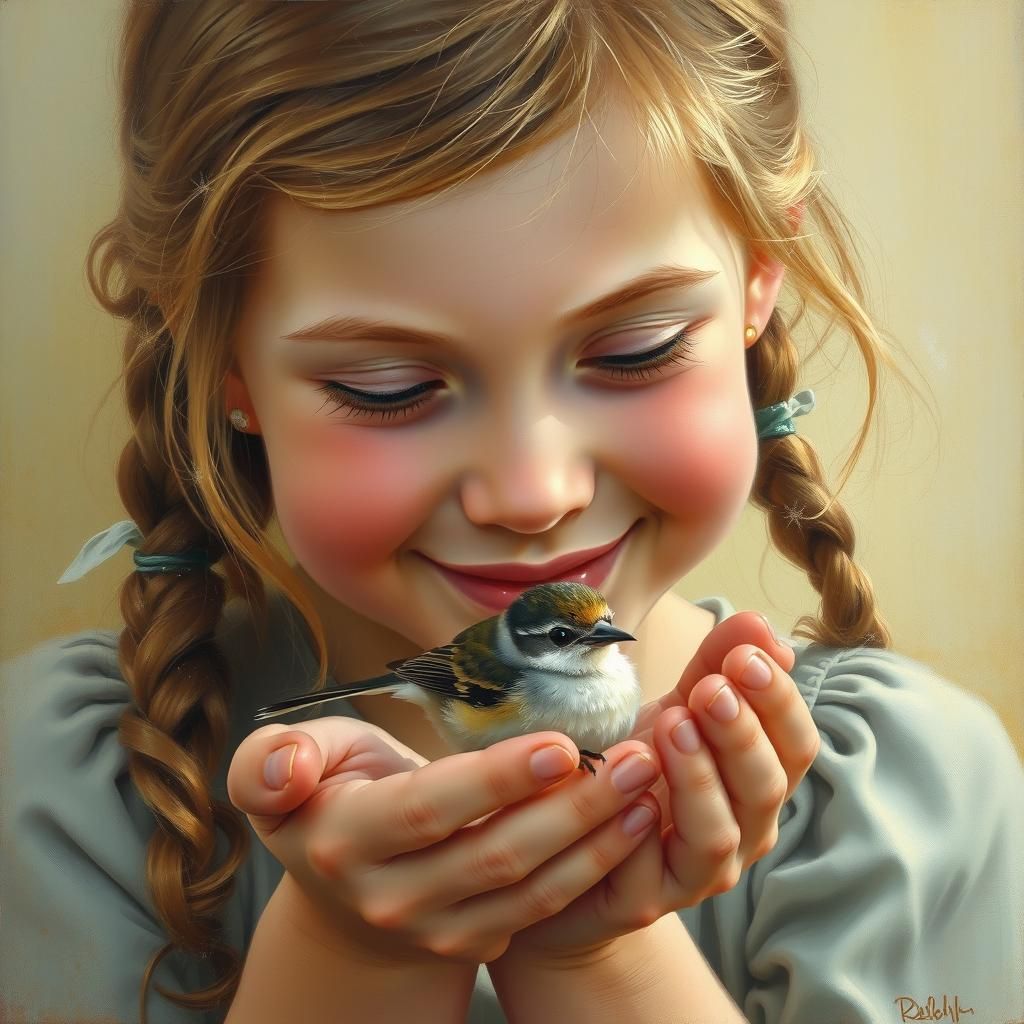 Girl Holds Bird in Golden Renaissance Style