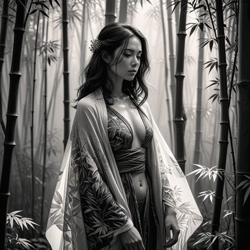 Serene Woman in Bamboo Forest, Traditional Japanese Ink Pain...