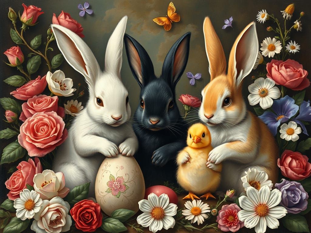Easter Bunnies Painting Eggs in Renaissance Style