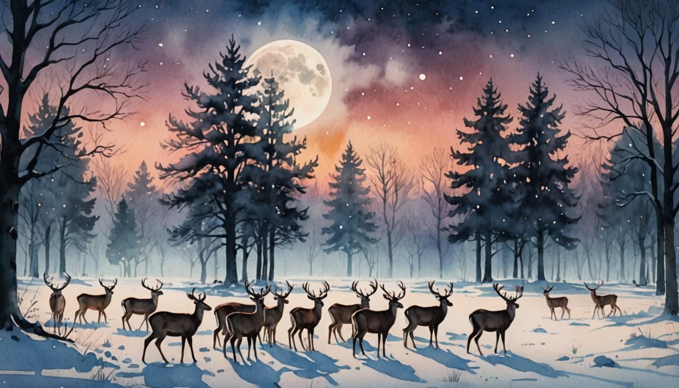 Deer in Moonlit Meadow: Naive Art Watercolor