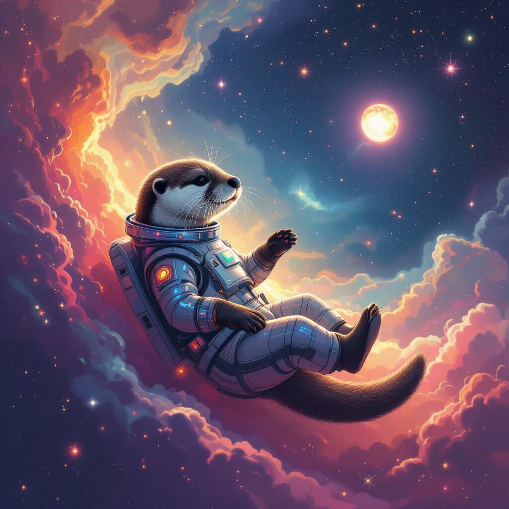 Cosmic Otter Shimmers in Nebula, Dreamy Concept Art