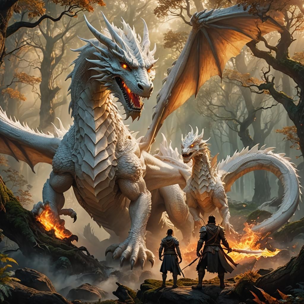 White Dragon Unleashes Fire Mist in Enchanted Forest