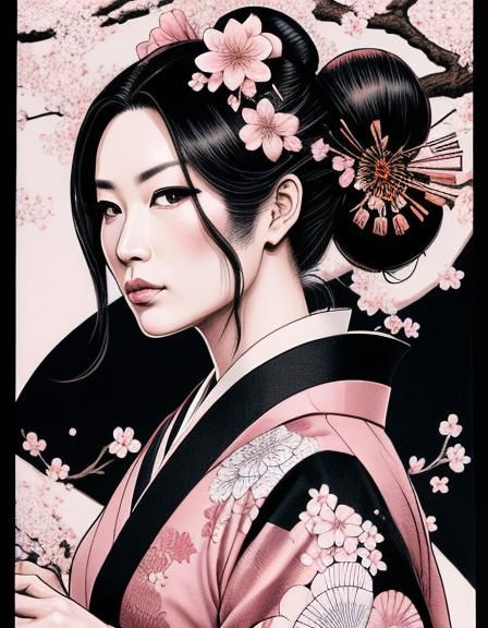 Geisha in Kimono: Black Ink Sketch with Cherry Blossoms