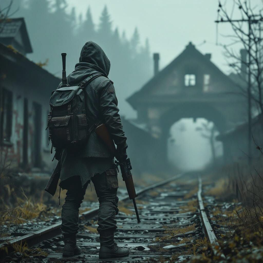 Abandoned Railway Station in Fog, Cinematic Style