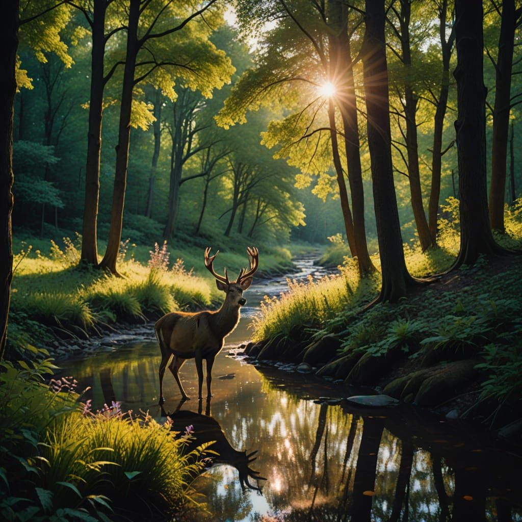 Majestic Deer in Serene Forest Sunrise