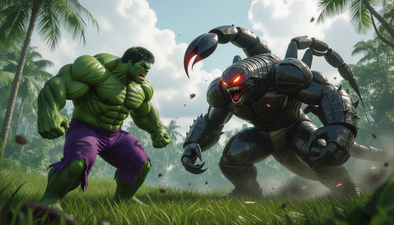Hulk Battles Scorpion Monster in Jungle, Epic Scene