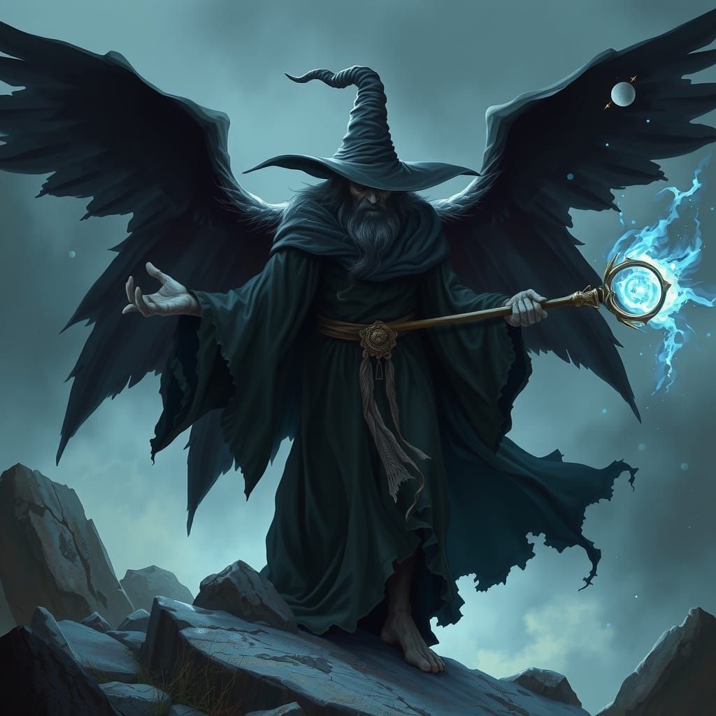 Dark Wizard Spreads Ethereal Wings in Mystical Dreamlike Sce...