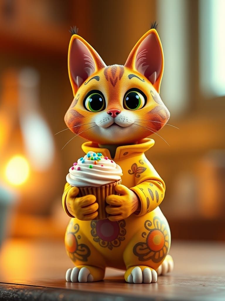 Cartoon Cat with Cupcake in Stylized 3D