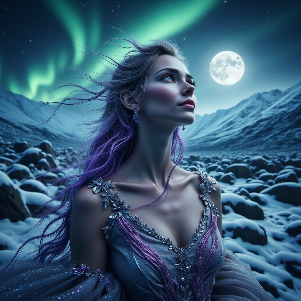 Woman Gazing at Moonlit Aurora in Hyperrealism