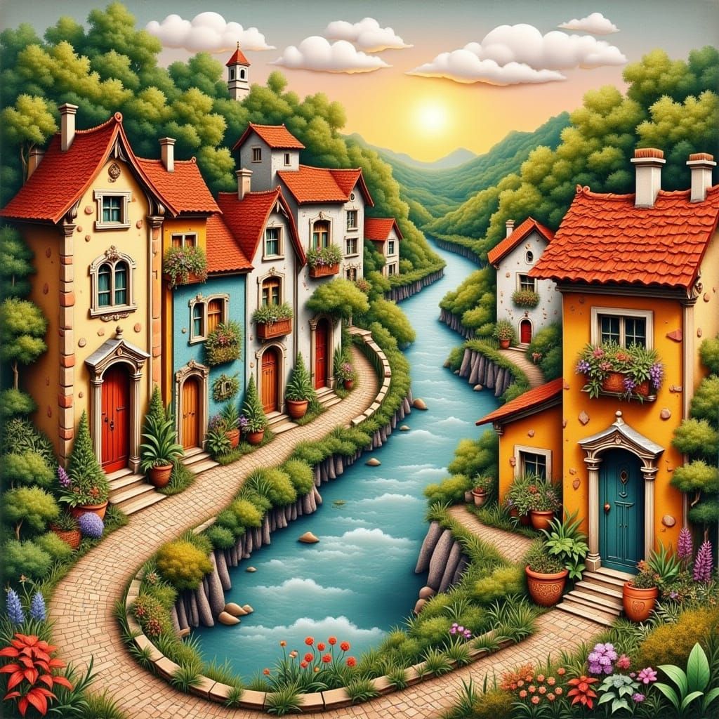 Whimsical Village in Valley: Folk-Art Illustration