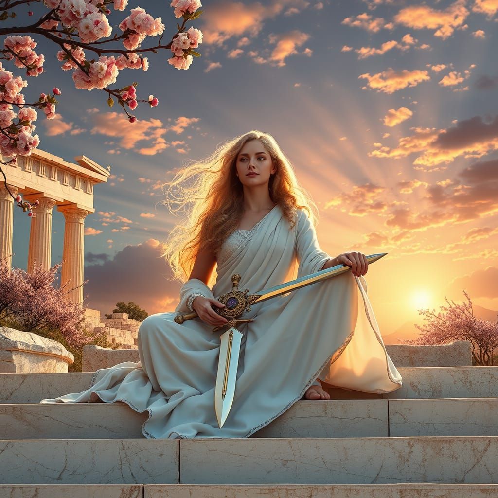 Greek Goddess in Serene Meditation Amidst Whirlwind of Cherr...