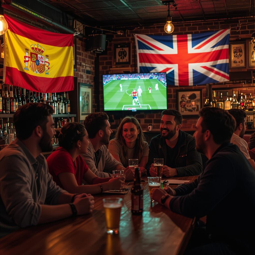 Soccer Fans Watch Match in Lively Bar with Flags