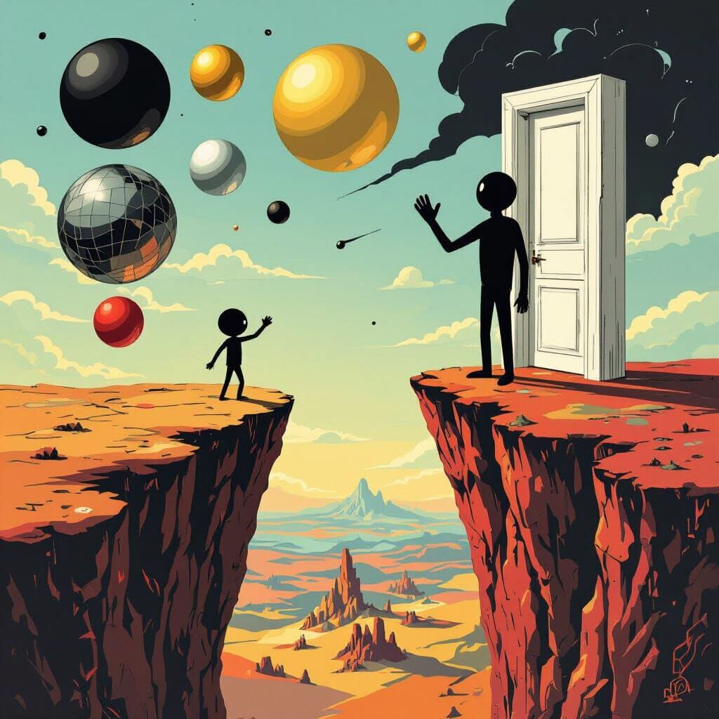 Surreal Stick Figures Waving in Dreamlike Landscape