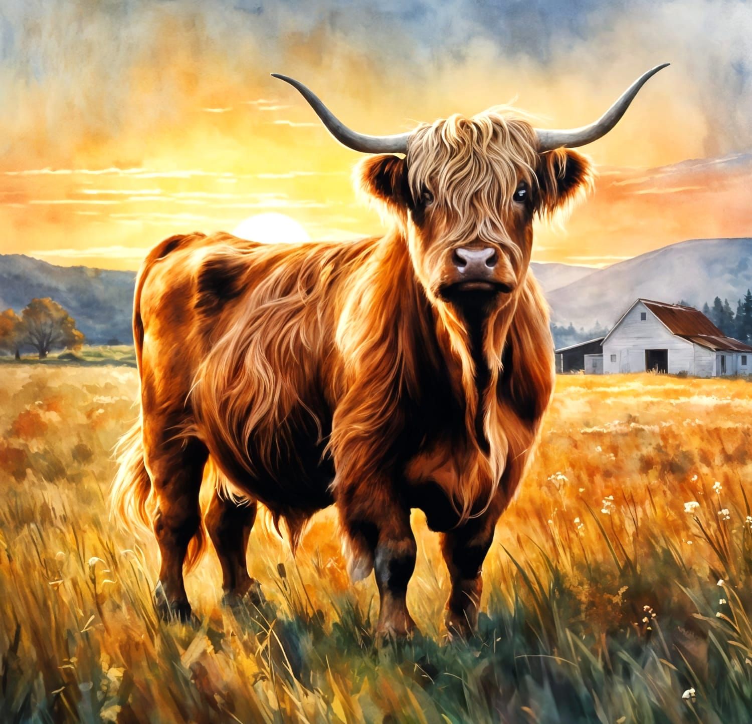 Highland cow at sunrise