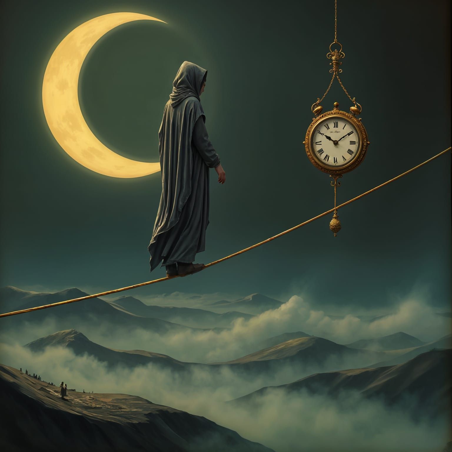 Tattered Figure Walks the Moonlit Tightrope in a Dreamlike R...