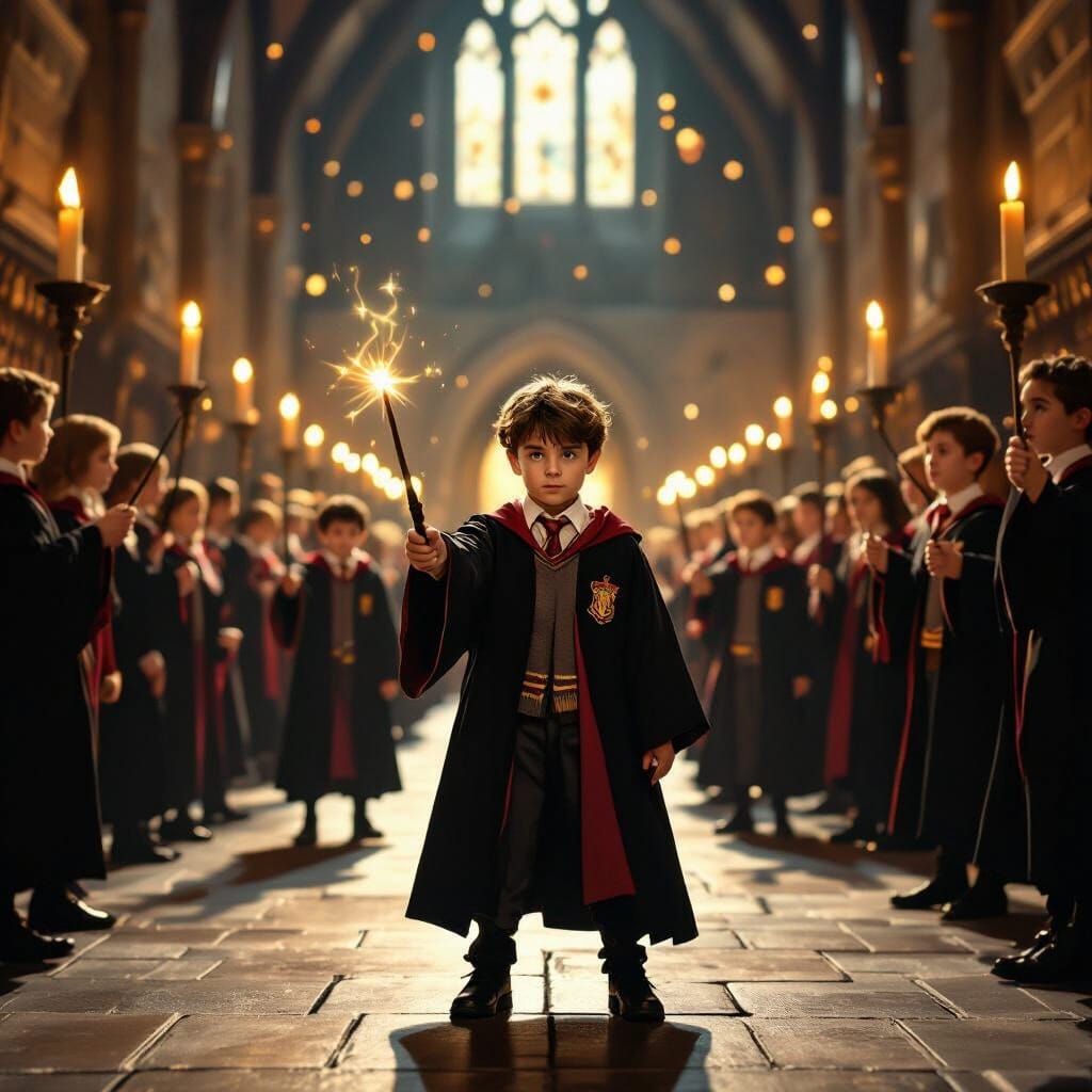 Young Wizards in Gryffindor Robes with Wands at Hogwarts