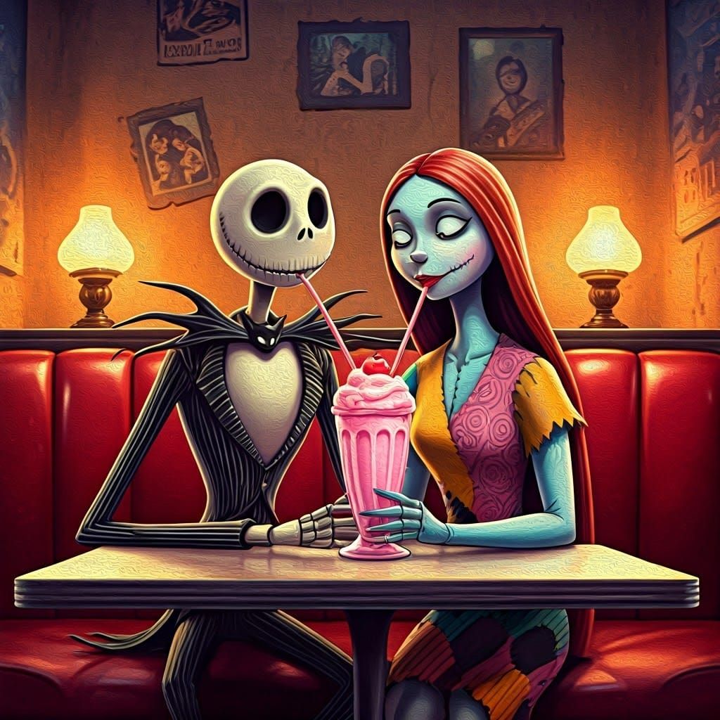 Jack and Sally's Romantic Diner Date in Comic Book Style
