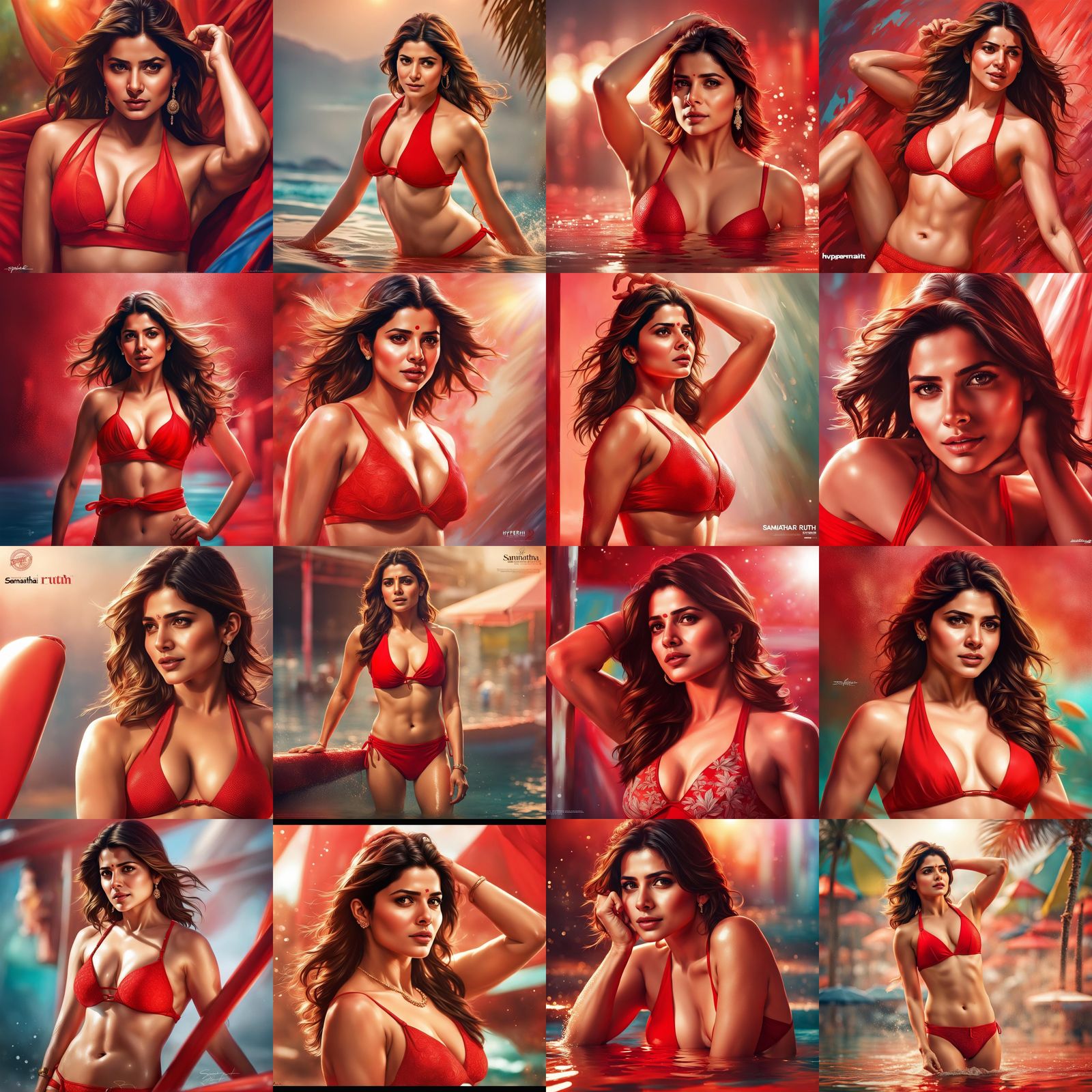 Hyperrealistic Woman in Red Bikini Splash Art