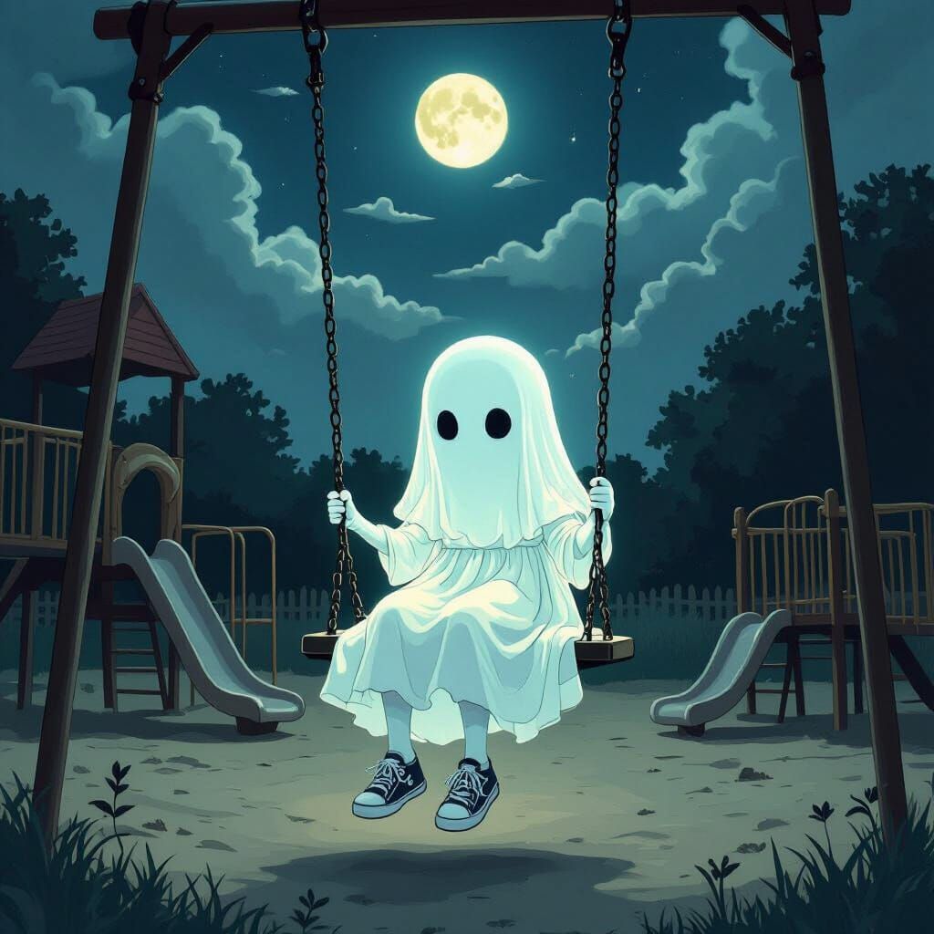 Ethereal Ghost Child on Moonlit Playground Swing Set