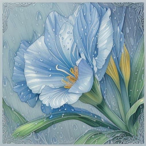 Art Nouveau Iris Flower in Rain - Detailed Ink Illustration