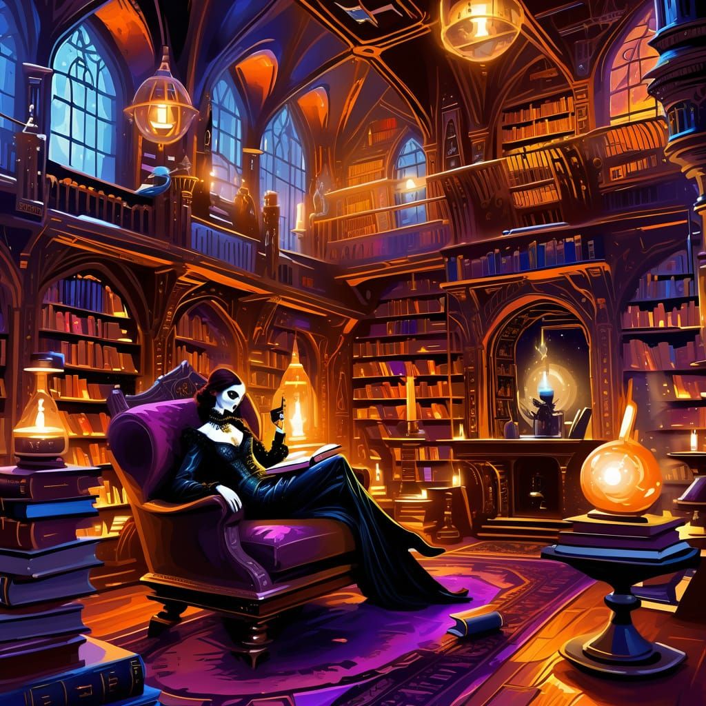Vampire Lounging in Gothic Library: Oil Painting
