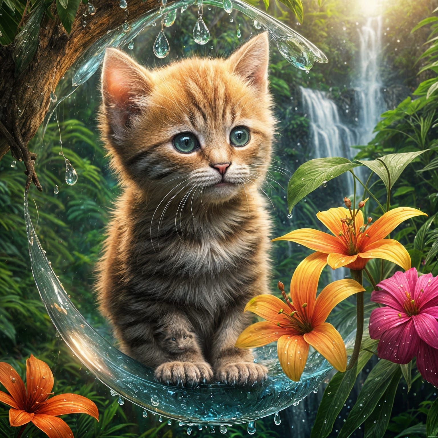 Cute Kitten in Raindrop on Jungle Flower