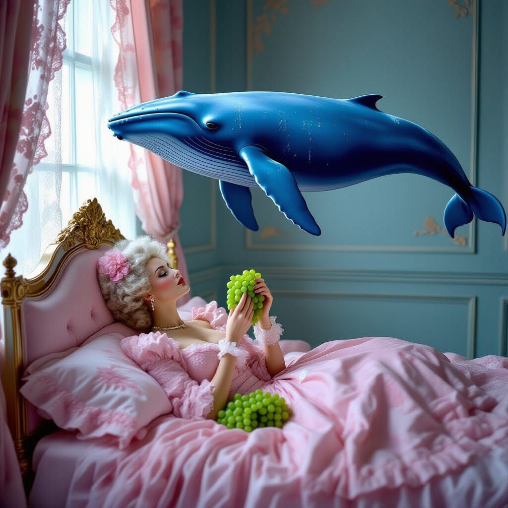 Madame de Pompadour and Hovering Whale in Ethereal Twilight