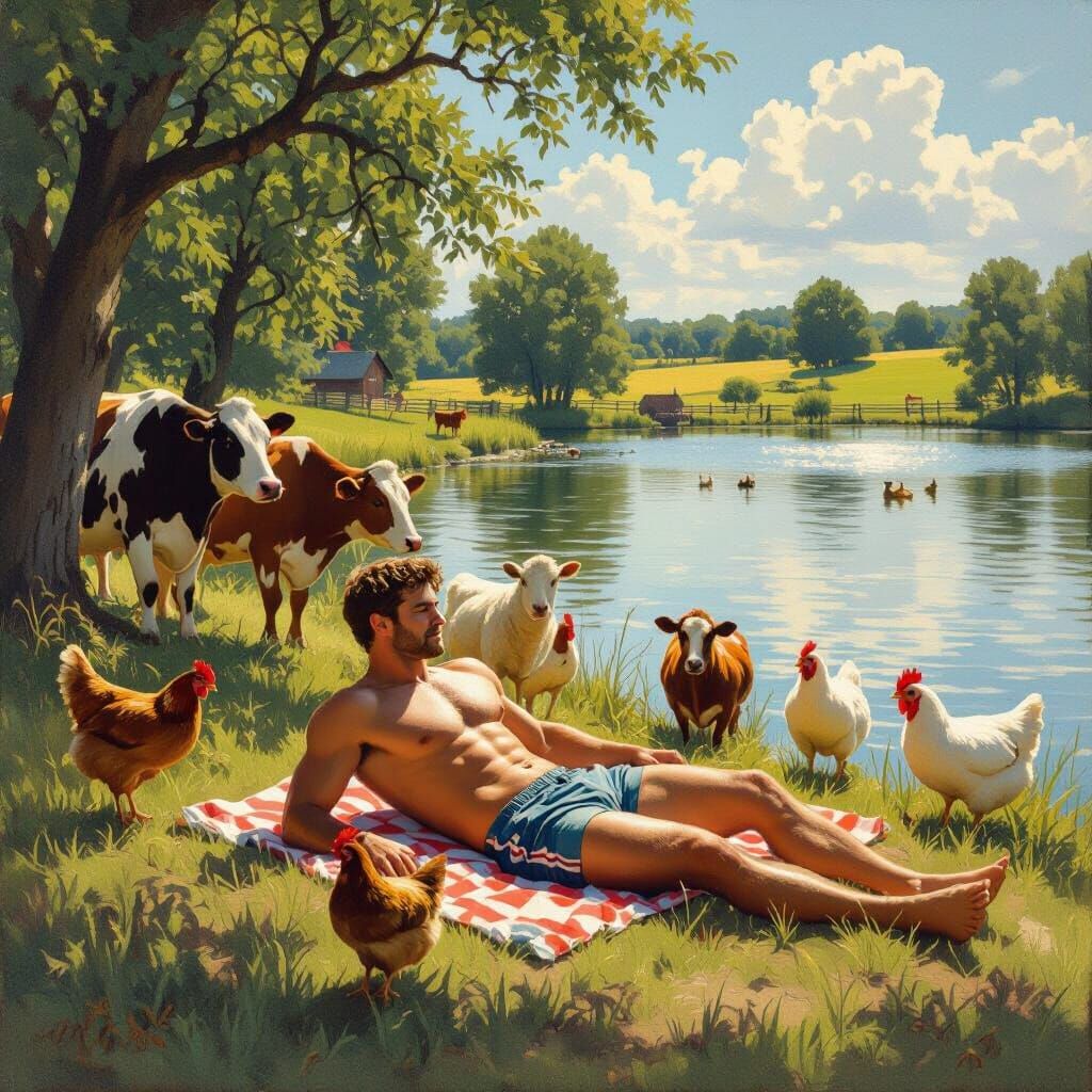 Man Sunbathing by Lake with Curious Farm Animals