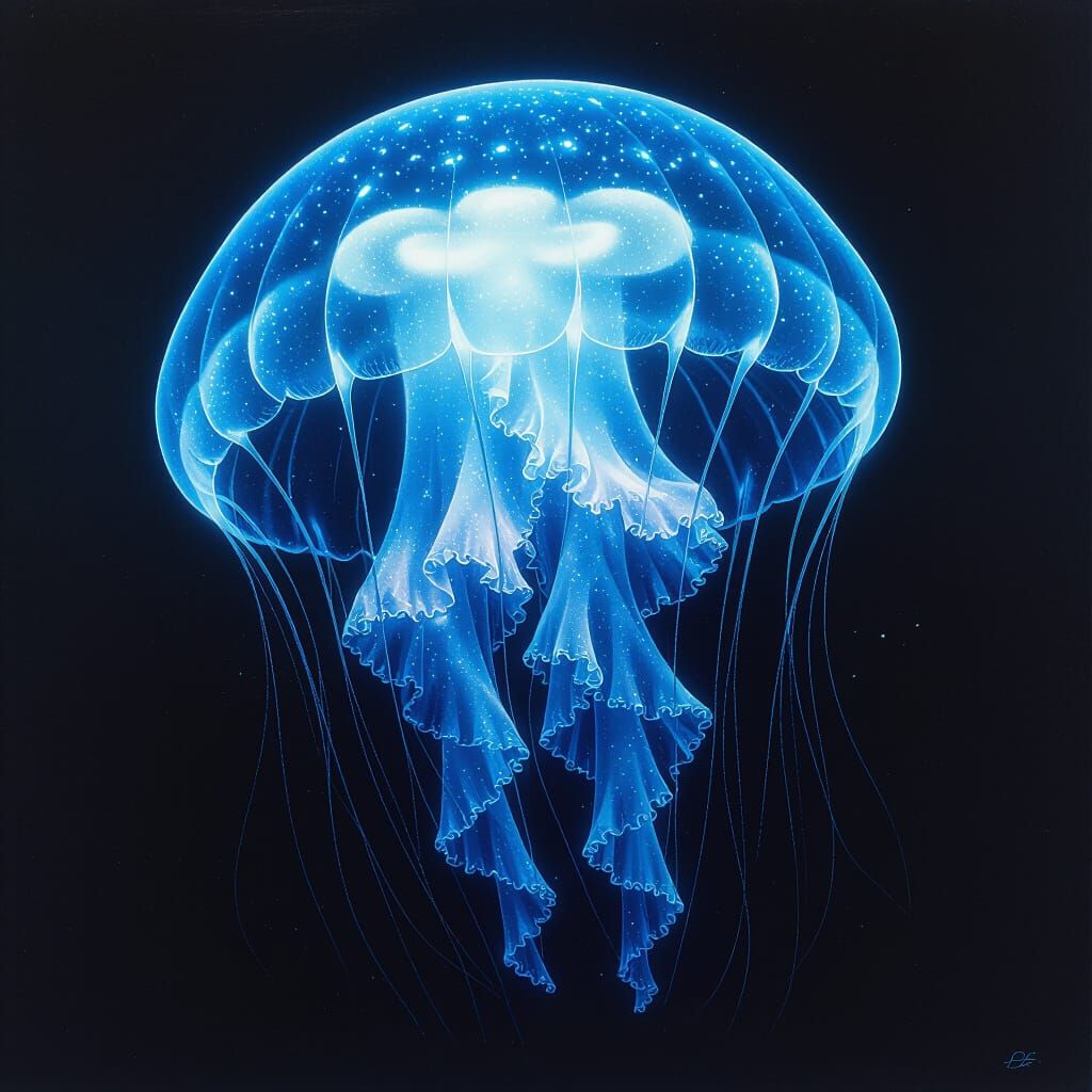 Ethereal Blue Jellyfish Levitating on Black Background