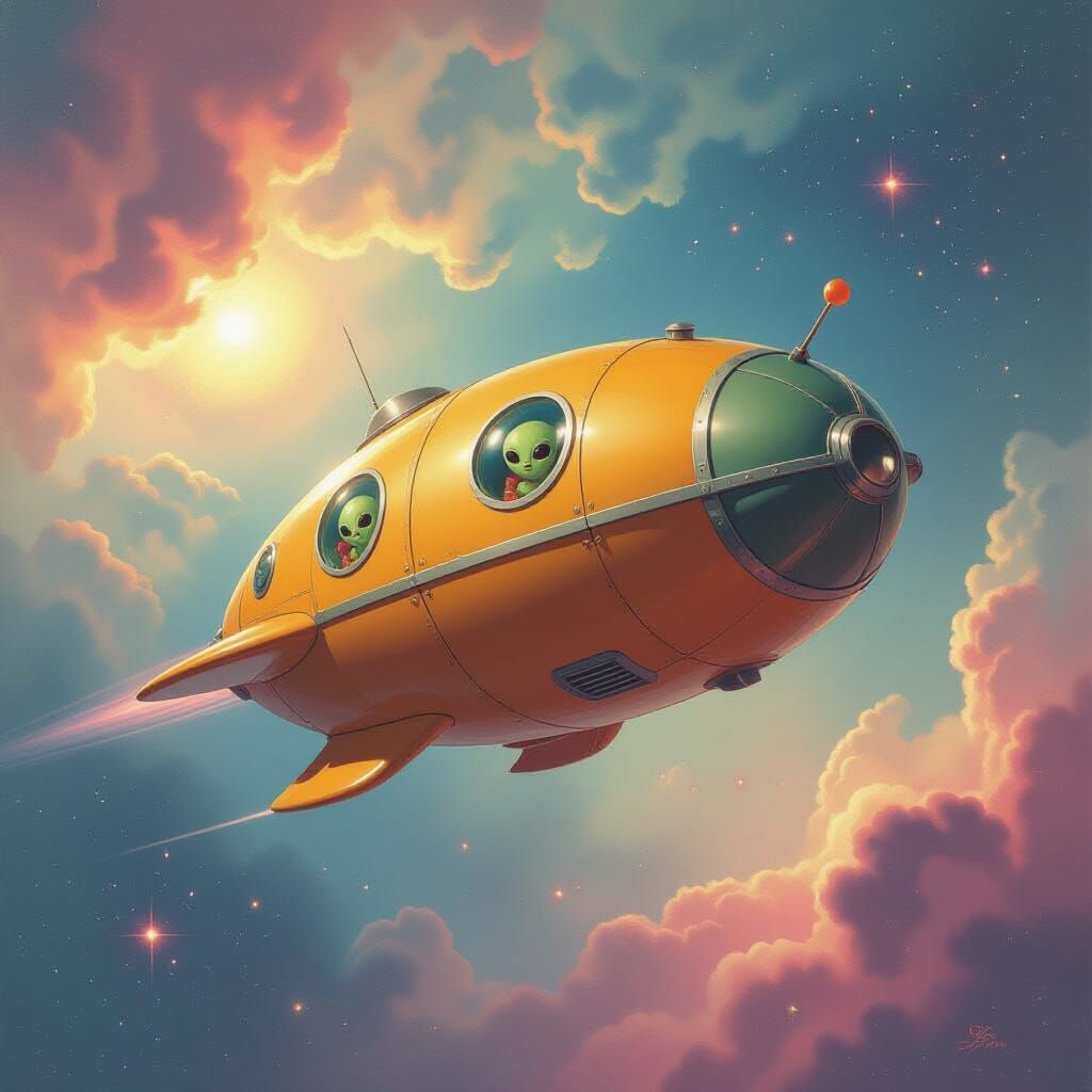 Vintage Potato Bug Spaceship in Pastel Nebula