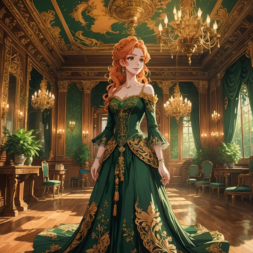 Vibrant Anime Ballroom Princess in Golden Light