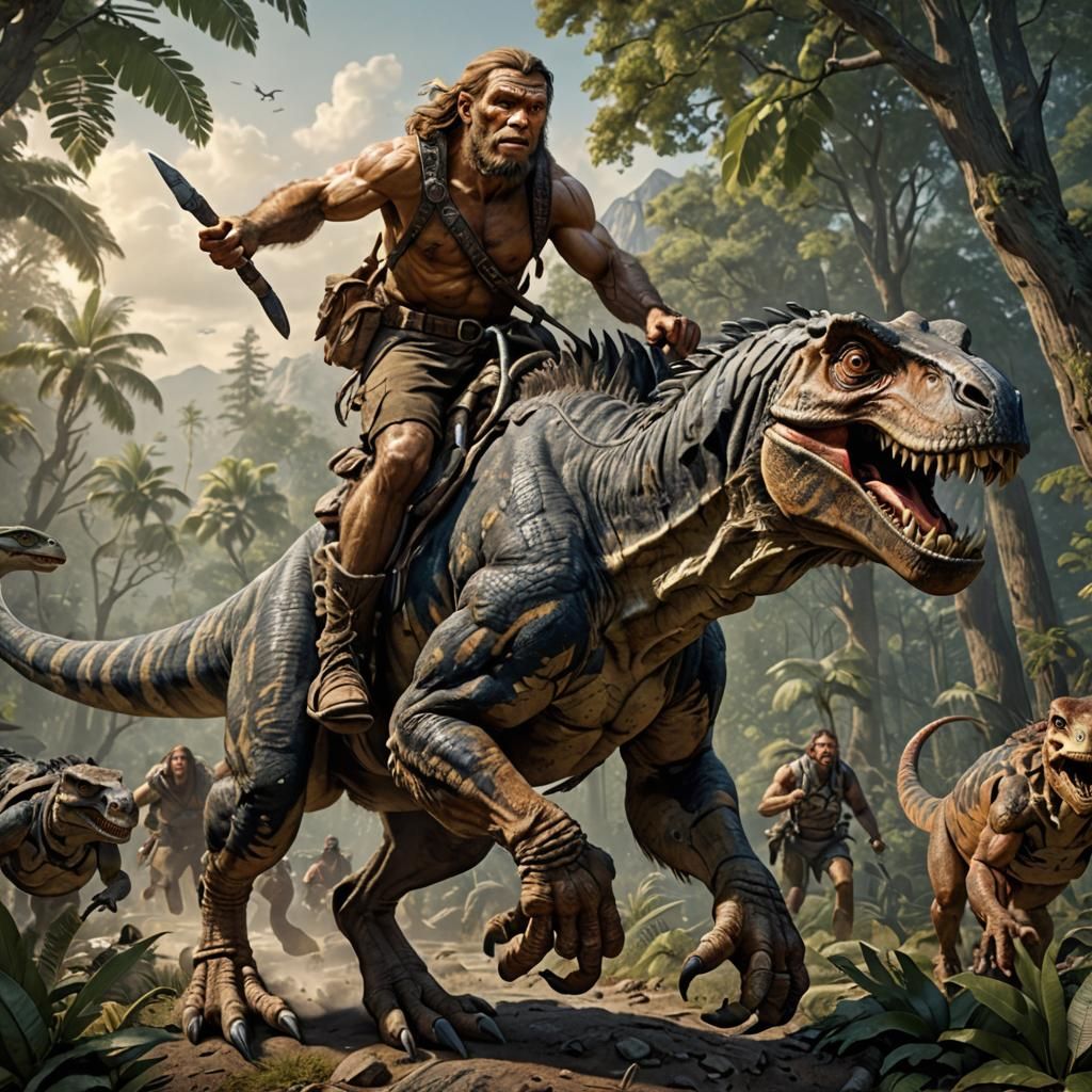 Neanderthal Rider on Velociraptor, Artstation Style