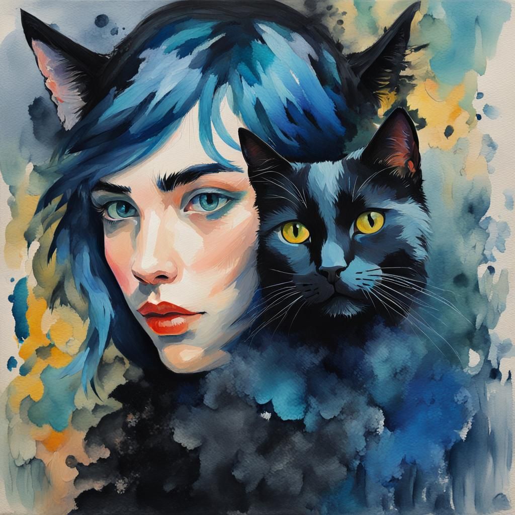 Black Cat Girl in Gouache Impressionist Style