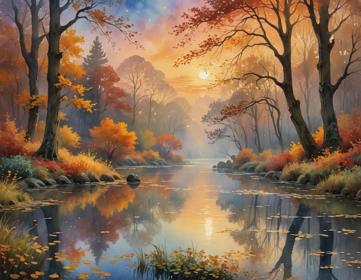 Dreamy Autumn Landscape in Watercolor Style