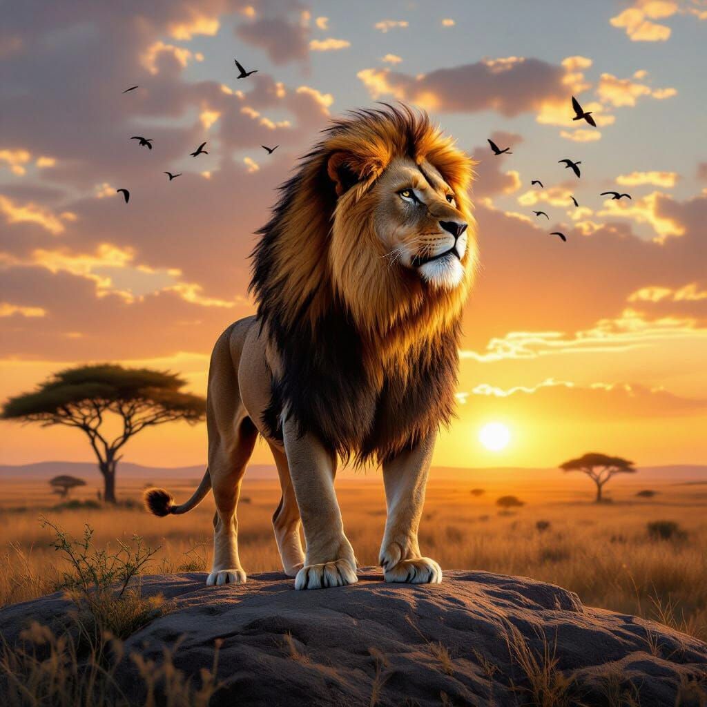 Majestic Lion Overlooking African Savanna at Sunset