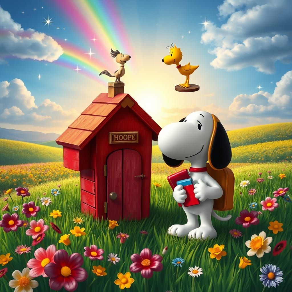 Snoopy Stands Beside Vibrant Red Doghouse in Whimsical Lands...