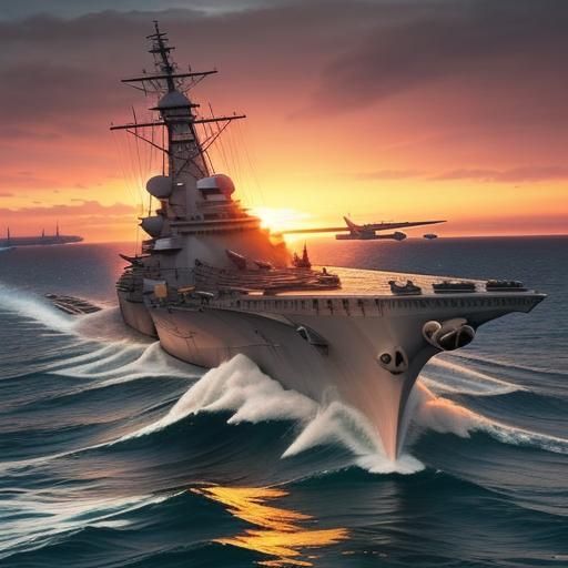 Burning Battleships at Sunset: Hyperrealistic Splash Art