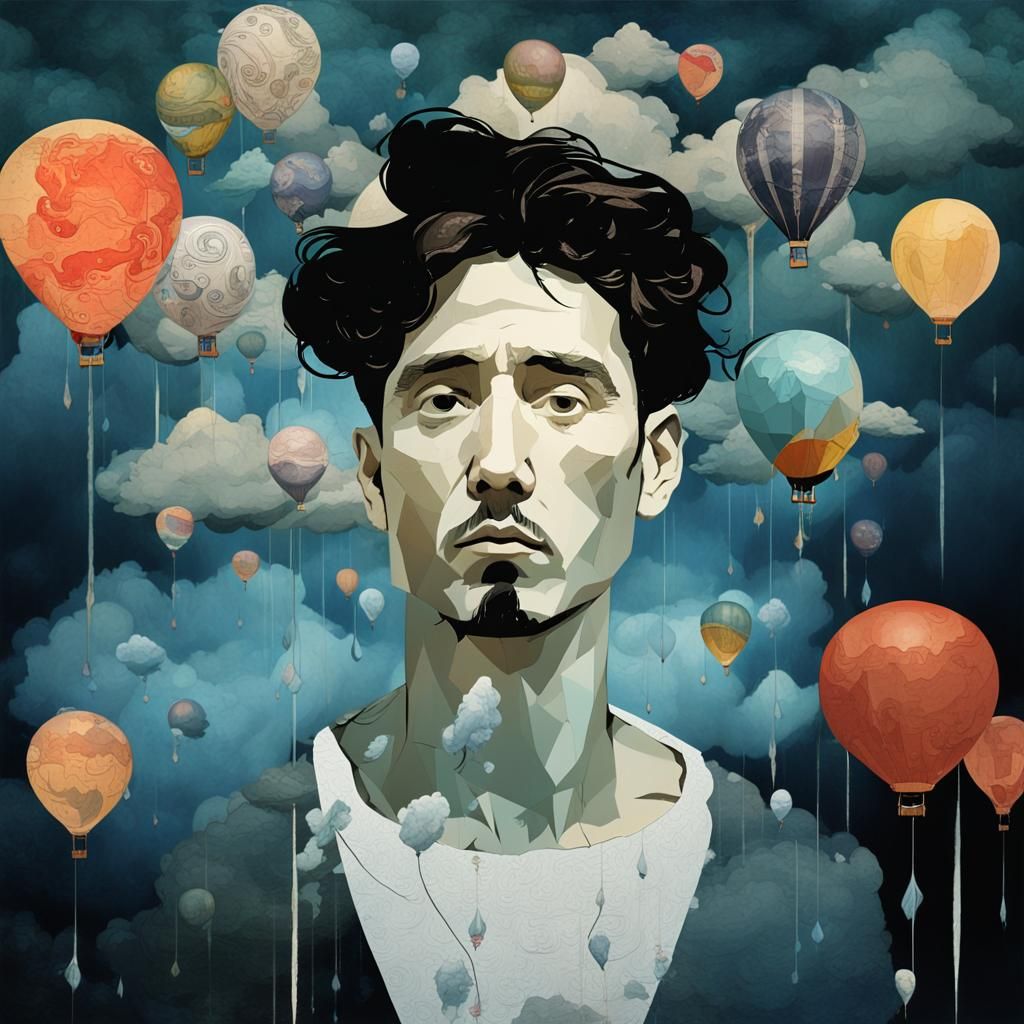 Man Floats Above Rain Cloud in Surreal Digital Painting