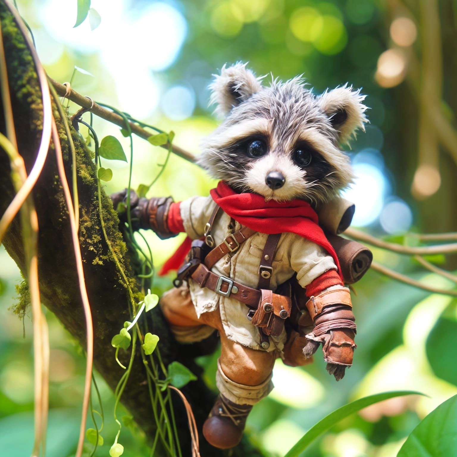 Surreal Jungle Adventurer Raccoon Leans Over Branch in Faded...