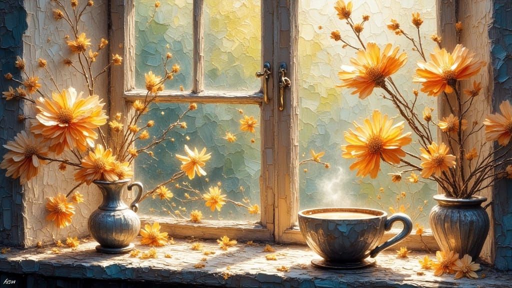 Coffee Cup on Windowsill in Impressionist Style