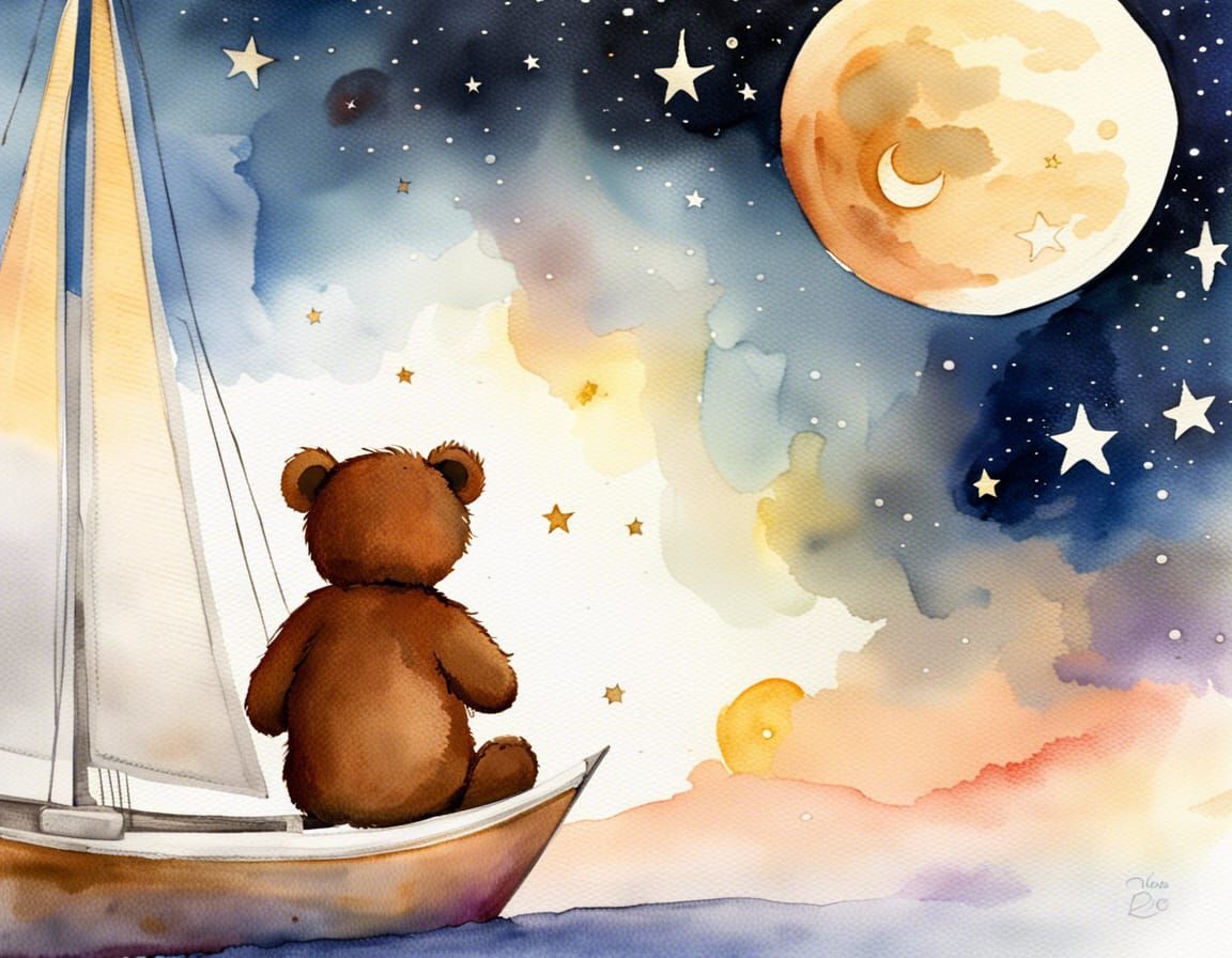 Teddy Bear's Watercolor Space Adventure to the Moon