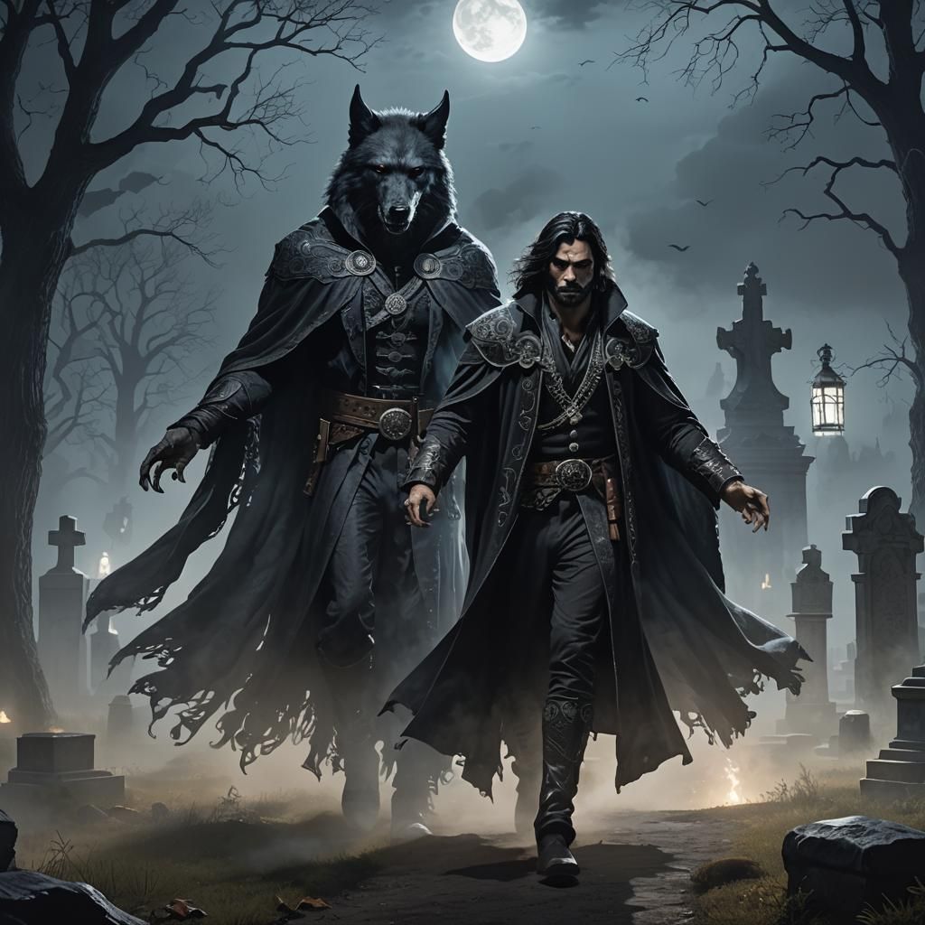 Ethereal Figure and Werewolf in Cemetery, Surreal Art
