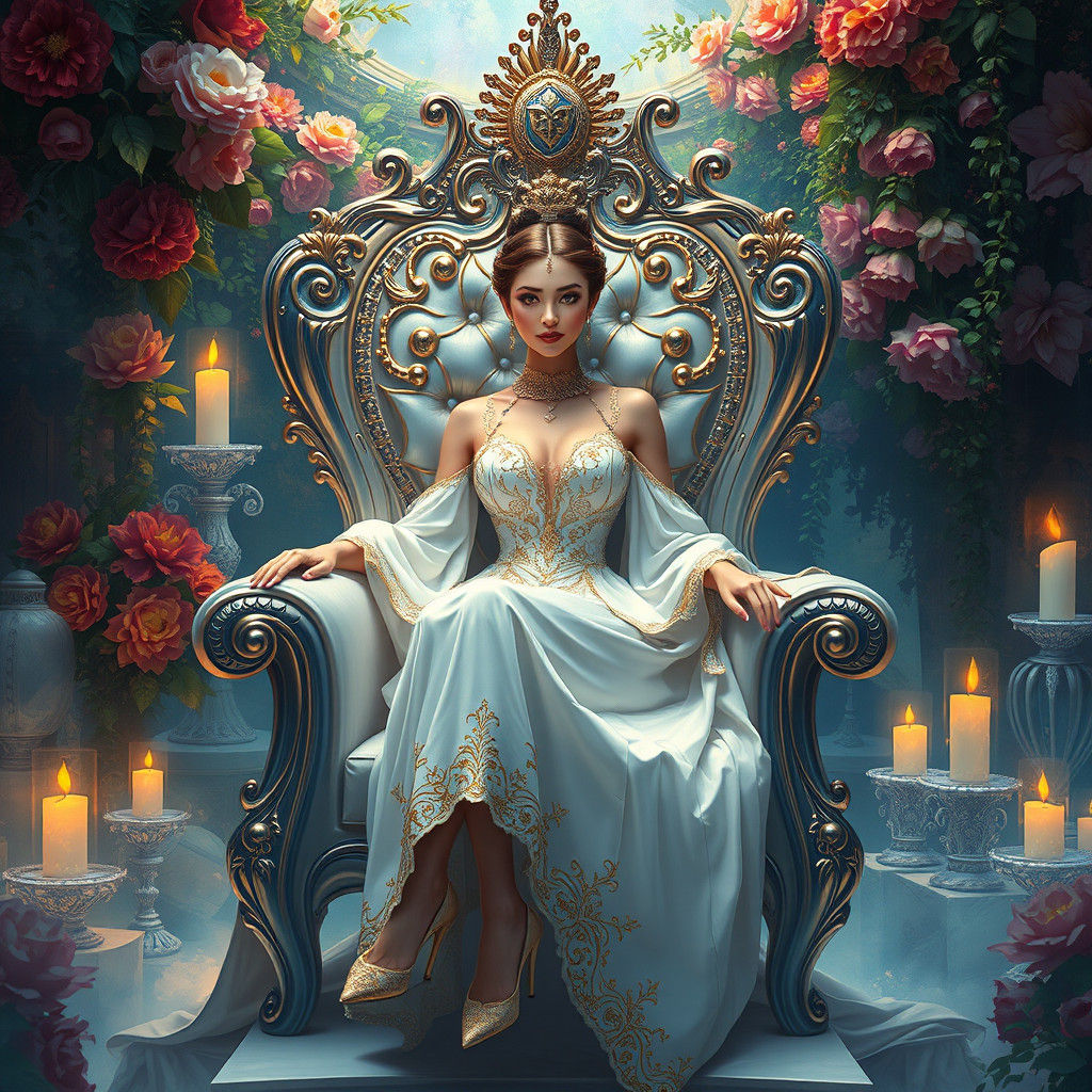 Elegant Lady on Crystal Chair in Dreamlike Setting