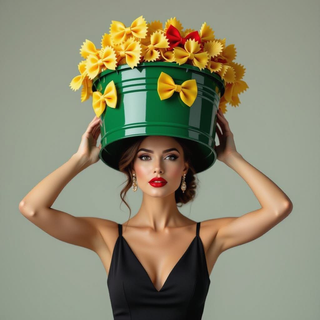Woman Wears Pasta-Adorned Trashcan Hat
