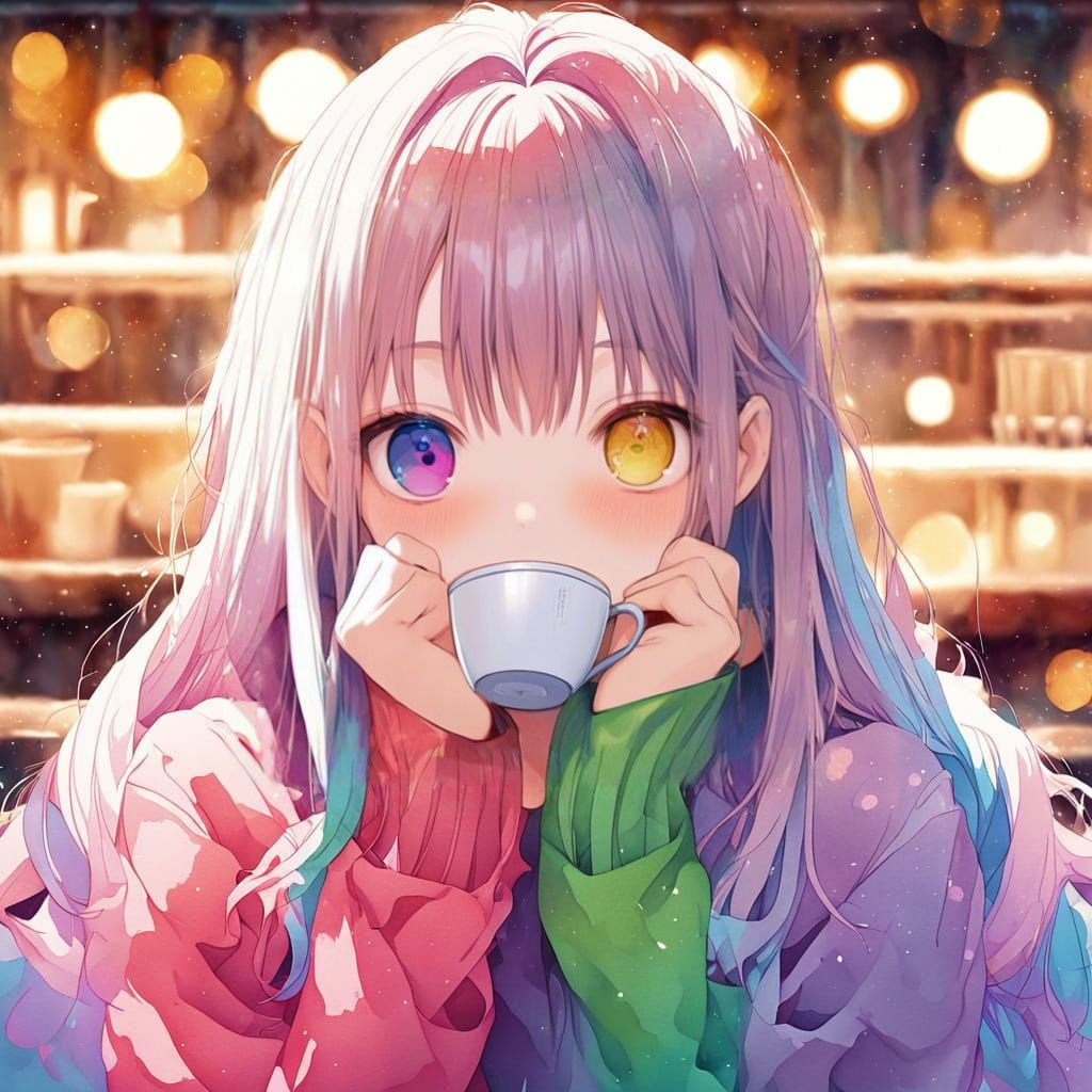 Girl with Unique Eyes Drinks Coffee in Anime Style