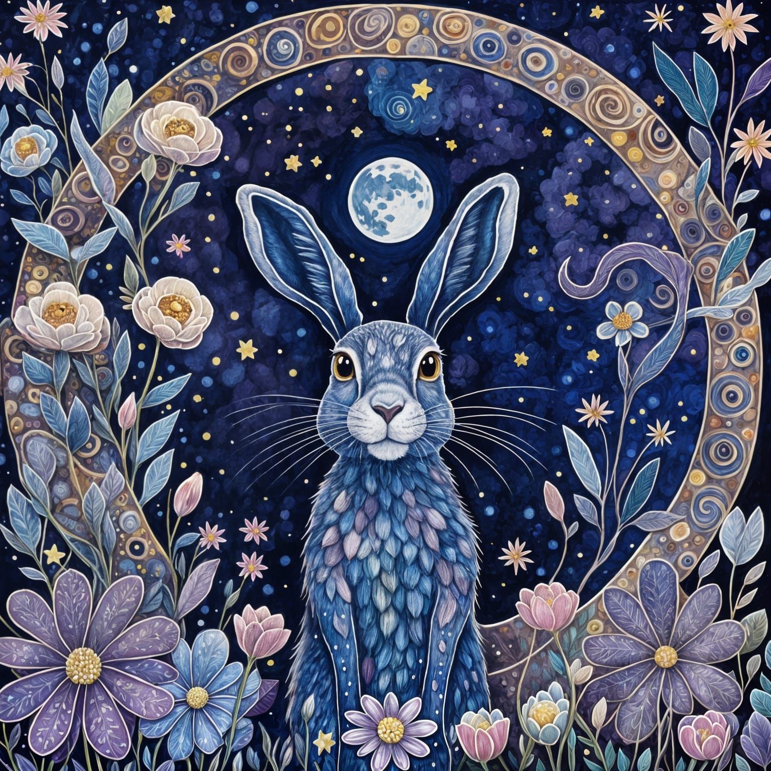 Moon Gazing Hare in Klimt-Inspired Folk Art