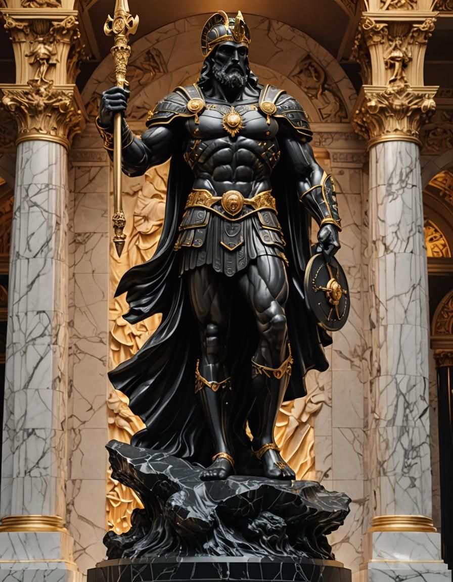 Statue of Ares in Black Marble, Art Deco Style