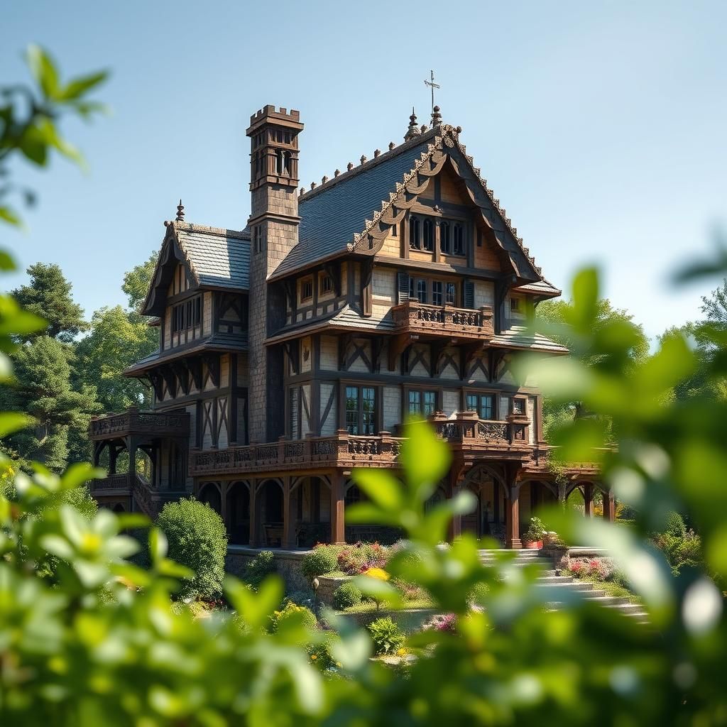 Majestic Medieval Minecraft Wooden House in Daylight
